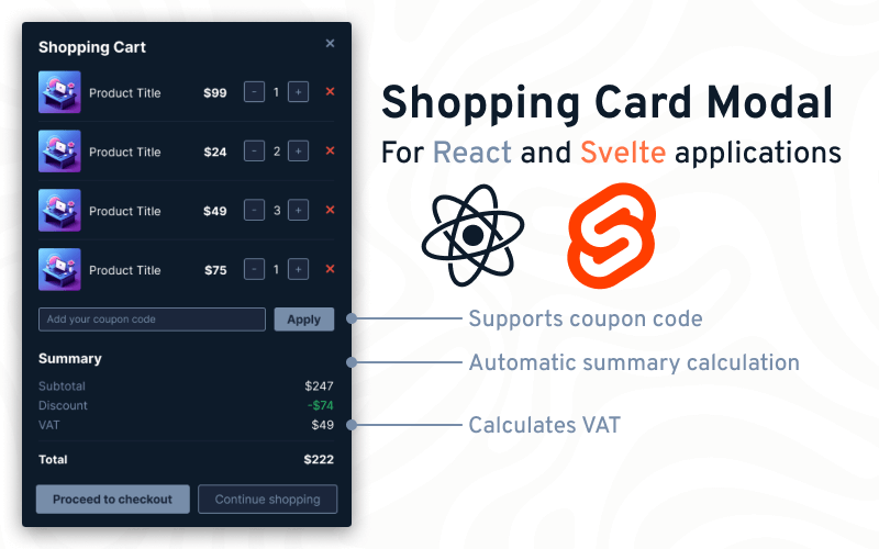 Shopping Cart Modal component for Svelte and React